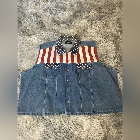 Vintage Quizz Woman Jeans Denim Vest USA American Flag Stars & Stripes 90s - Picture 1 of 5